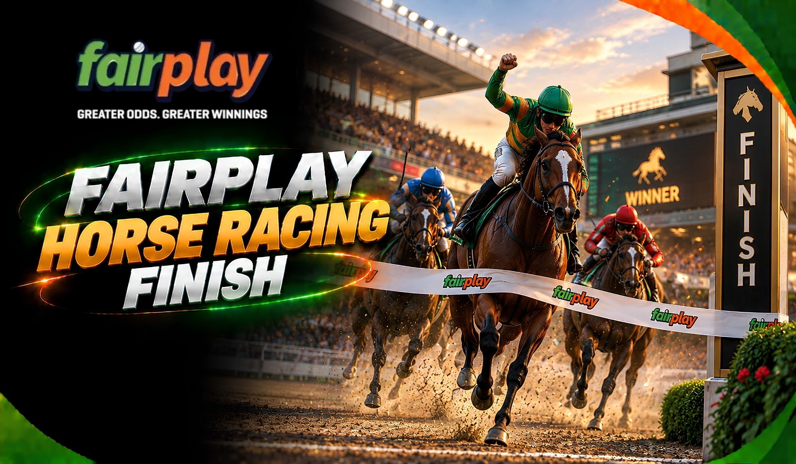 Fairplay Horse Racing Finish: horses driving to the line past the winning post in front of a grandstand